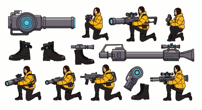 Detailed pixel art sprites of a kneeling agent character holding advanced sci-fi weapons and gear, perfect for video game development assets.