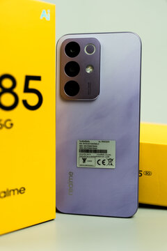 Bangkok, Thailand - April 21, 2026 : New smartphone of Realme C85 5G. Size 6.8 inches. Parrot Purple Colour