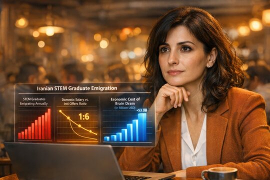 Iranian Professional Analyzes STEM Graduate Brain Drain Emigration and Economic Cost Data with Holographic Display