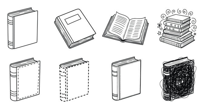 Collection of handdrawn book doodles representing education knowledge and study for learning resources