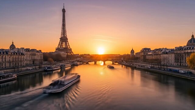 Parisian river view at sunset with Eiffel Tower, boats, city buildings and bridge