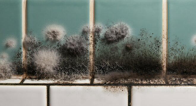 Black Mold Fungus Growing On Bathroom Tile Grout, Mildew In Damp Environment, Hygiene Hazard, Realistic Close Up