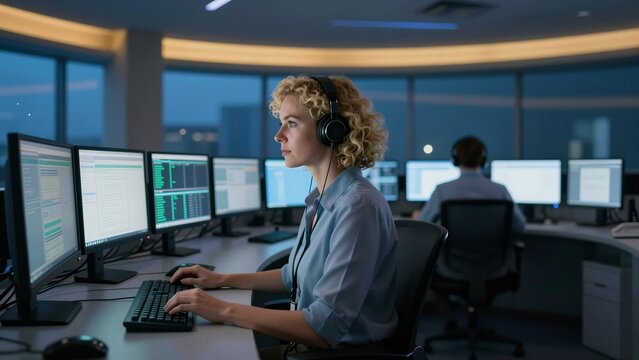 Female operator in headset at workstation with multiple monitors, focused on computer screen. Team of emergency dispatchers working in a modern call center environment.