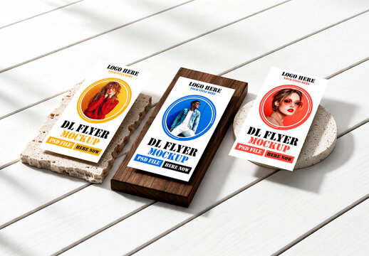 DL Flyer Mockup Set on Wooden Surface with Clean Layout
