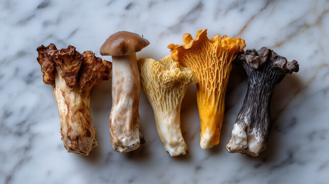 Minimalist studio arrangement of five mushroom varieties on white marble surface, foraging revival, mycological still life, gourmet fungi, chanterelle morel oyster lion's mane, culinary detail, wild