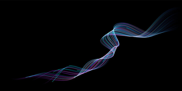 Vector abstract flowing lines with neon blue and purple gradient on black background for banner in concept artificial intelligence neural network technology and science.