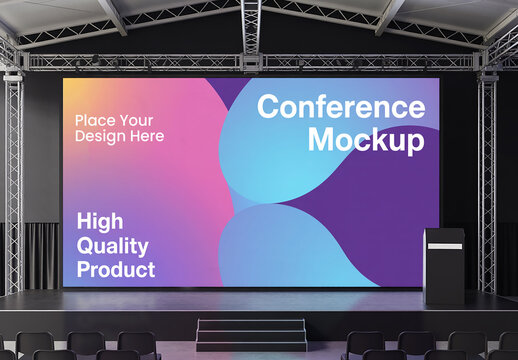 Large Digital Screen Mockup on Conference Stage with Podium and Auditorium Seating