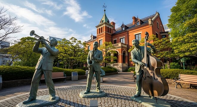 Sculptures of musicians performing outdoors near a building under a blue sky