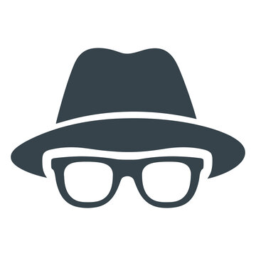Minimal icon of hat and glasses symbolizing anonymity, espionage, secret identity, and undercover surveillance concept.