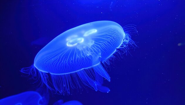 A luminous jellyfish gracefully pulsing in the deep blue ocean waters, showcasing its intricate details.