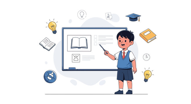 Young student presenting on whiteboard with educational icons, symbolizing learning