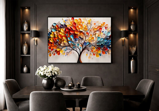 Modern Dining Room Interior with Colorful Tree Wall Art