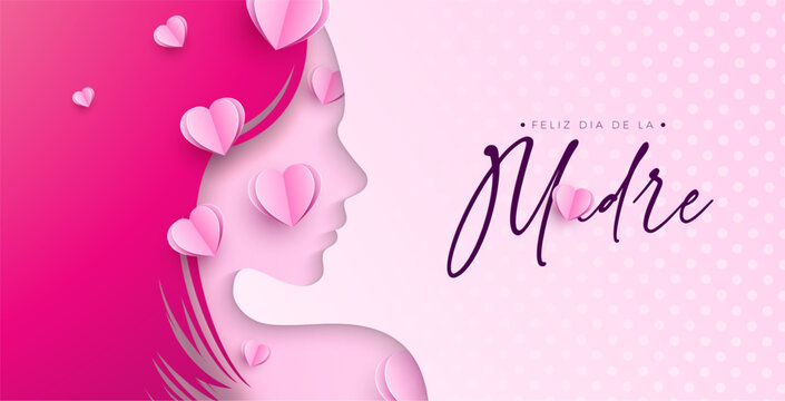 Happy Mother's Day Greeting Card Design with Woman Face Silhouette and Typography Lettering on Light Pink Background. Feliz Dia de La Madre Spanish Language Vector Illustration for Loved and Best Mom