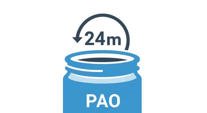 Period After Opening PAO symbol for cosmetic products indicating 24 months shelf life, blue jar icon with 24m and circular arrow for packaging labels and product safety standards.