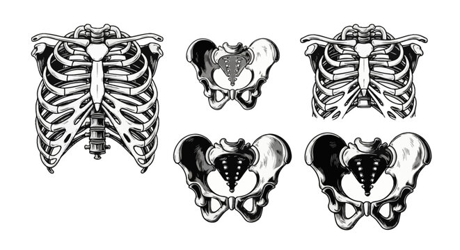 Set of detailed black and white human skeletal illustrations featuring two thoracic rib cages with sternum and three pelvic girdle bones isolated on a white background.