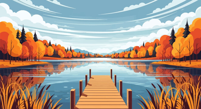 Vector illustration of an autumn landscape featuring a wooden dock leading into a calm lake with reflections of orange and yellow forest trees under a blue sky with clouds.