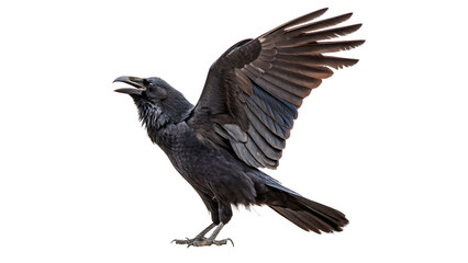 Fototapeta premium Raven spreads wings and calls while standing isolated on transparent background cut out