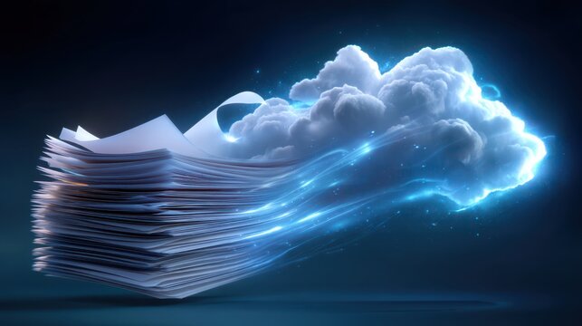 A dynamic stack of papers transforming into a glowing cloud, symbolizing digital data transfer and cloud computing in a futuristic setting.