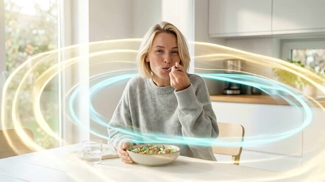 One smiling woman eating salad at home with colorful glowing magic energy waves