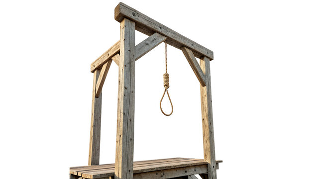 Structure shows a wooden gallows with a noose hanging close to the platform isolated on transparent background cut out
