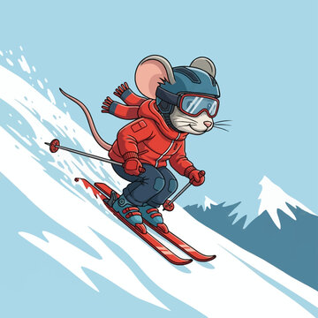 A detailed vector illustration of a cute anthropomorphic mouse character downhill skiing on a snowy mountain slope wearing a red winter jacket, blue helmet, goggles, and a scarf.