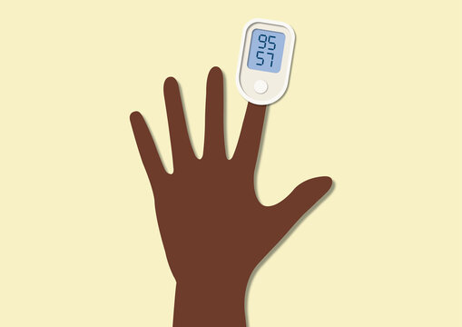 Pulse oximeter clipped on finger, illustration