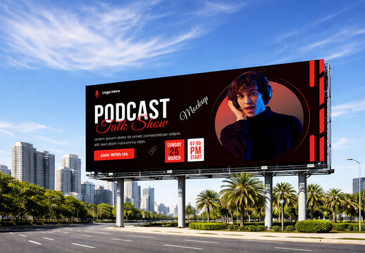 Podcast Talk Show Billboard Mockup in Urban City