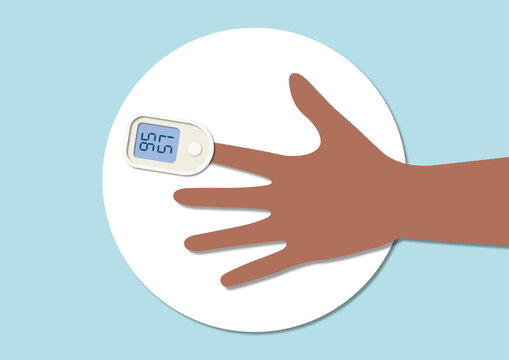 Pulse oximeter clipped on finger, illustration