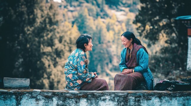 Bhutan people portrait prioritize Gross National Happiness over materialism they are talking together
