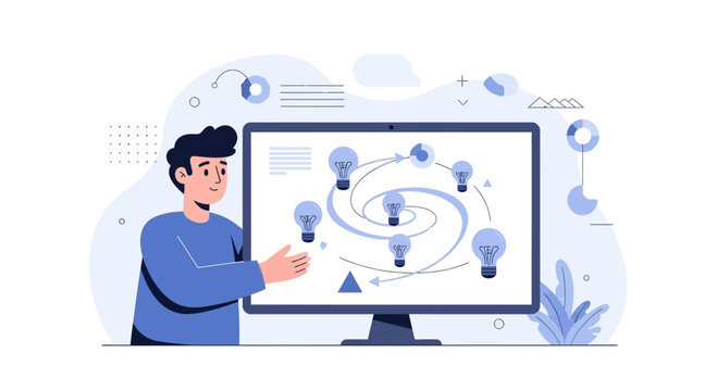 Man presenting idea cycle on computer screen, light bulbs and charts, business concept