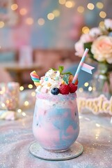Naklejka premium Pastel rainbow dessert drink with whipped cream sprinkles and berries in dreamy cafe setting