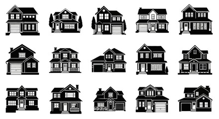 Naklejka premium Set of fifteen black and white vector house icons depicting various architectural styles of suburban residential homes with garages, gabled roofs, porches, and multiple windows.
