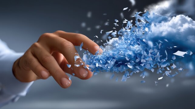 A hand reaches out, causing blue fragments to scatter and merge into a cloud, symbolizing transformation or digital disintegration.