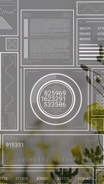 Vertical video: Plant stem rising low as cam panning and breeze, passing HUD for monitoring