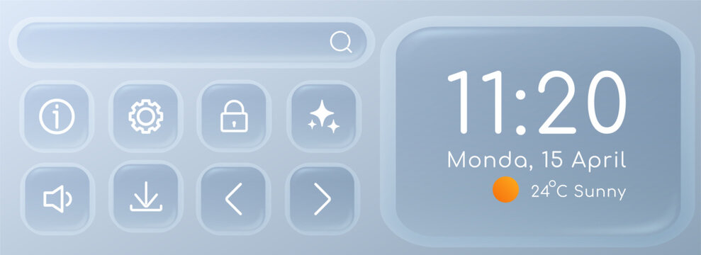 Modern glass morphism UI frames with frosted transparent effects, glossy 3D buttons and liquid gradient shapes for digital interface design and mobile app screens.