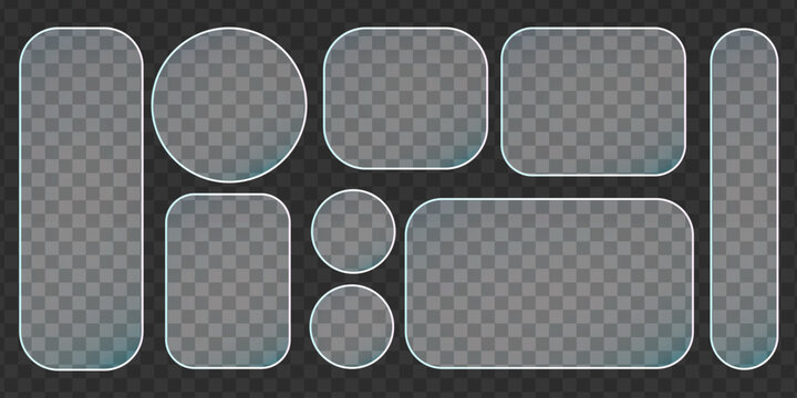 Transparent glass button collection featuring morphism effects, gradient overlays, and sleek frosted panels for contemporary web interface design. Vector illustration.