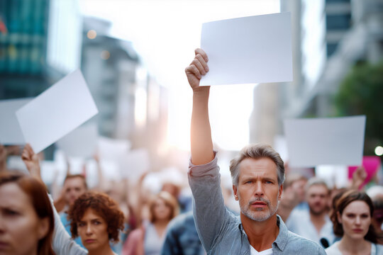 People on strike holding signs and banners in a busy city street, diverse crowd chanting during daytime, urban environment, documentary style
