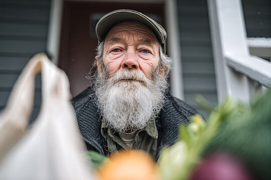 Elderly bearded man on a front porch holding groceries and fresh produce &mdash; close-up portrait revealing weathered features, resilience and daily life.