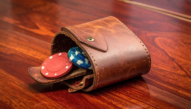 A worn leather poker chip case with colorful chips peeking out, resting on a wooden surface.