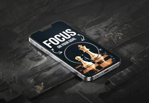 Smartphone Screen Mockup on Dark Stone Texture with Chess Theme Focus on Your Goal Design