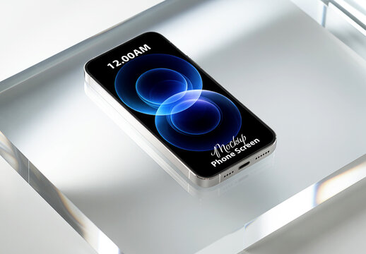 Smartphone Screen Mockup on Glass Surface with Blue Abstract