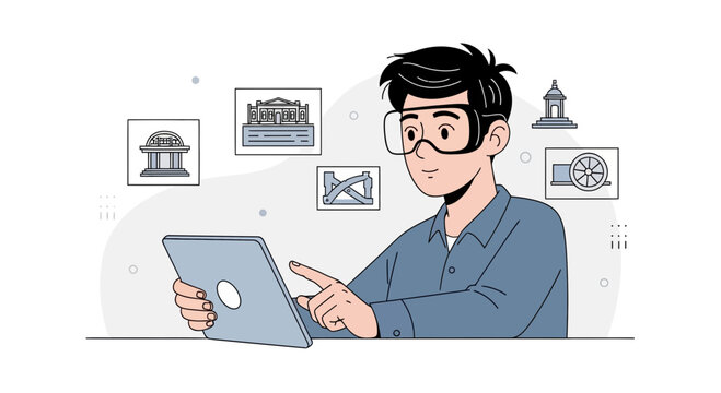 Man using VR headset and tablet exploring architectural designs and historical buildings