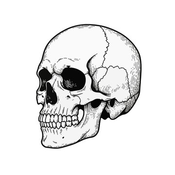 Detailed human skull illustration in a three-quarter side view, featuring anatomical sutures, teeth, and eye sockets, rendered in a black and white vintage engraving or woodcut style.