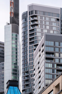 Corporate business finance and banking district in Frankfurt Bankenviertel with modern office skyscraper facade and strong urban architecture presence