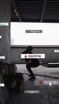 Vertical video: Man catching falling ball, squatting then throwing while UI IDs tracking fitness
