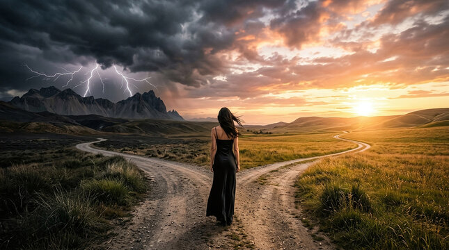 Woman standing at a crossroads between a stormy path and a sunny path