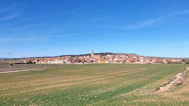 Celadas rural village green fields Sierra Palomera valley Teruel Spain