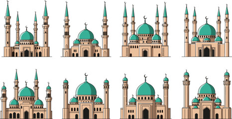 Mosque architecture vector set in flat style, Islamic buildings collection with domes and minarets for religious, cultural and travel design © Mifta