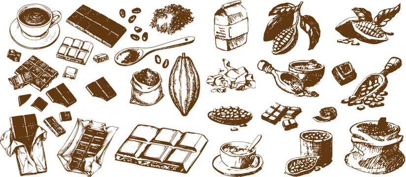 Cocoa Beans and Chocolate Collection with Hand Drawn Sketch, Silhouette Style and Dessert Elements Vector Illustration