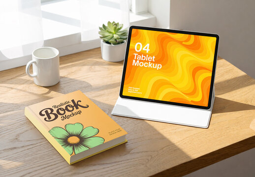 Tablet Screen and Hardcover Book Mockup on Wooden Desk with Sunlight Shadows and Coffee Cup